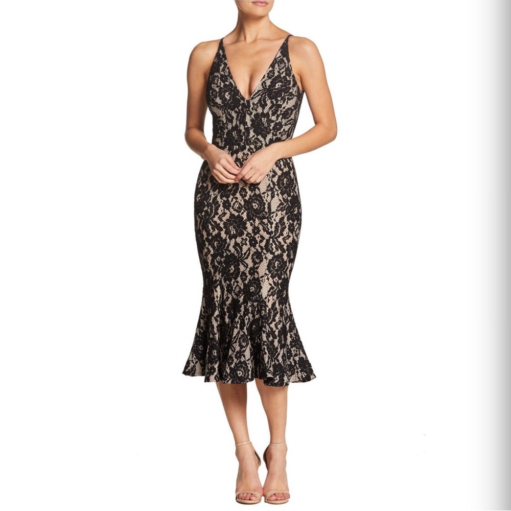 Dress the Population Isabelle Lace Mermaid Flounce Hem Cocktail Dress Black S
